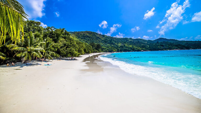 El refugio de casas de colores con vistas al mar y playas paradisíacas: «Es como vivir dentro de un decorado» 6 Playa rodeada por el mar y la vegetación bajo la luz del sol y un cielo azul en Praslin en Seychelles