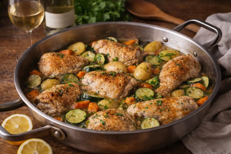 Pollo al vino blanco con verduras