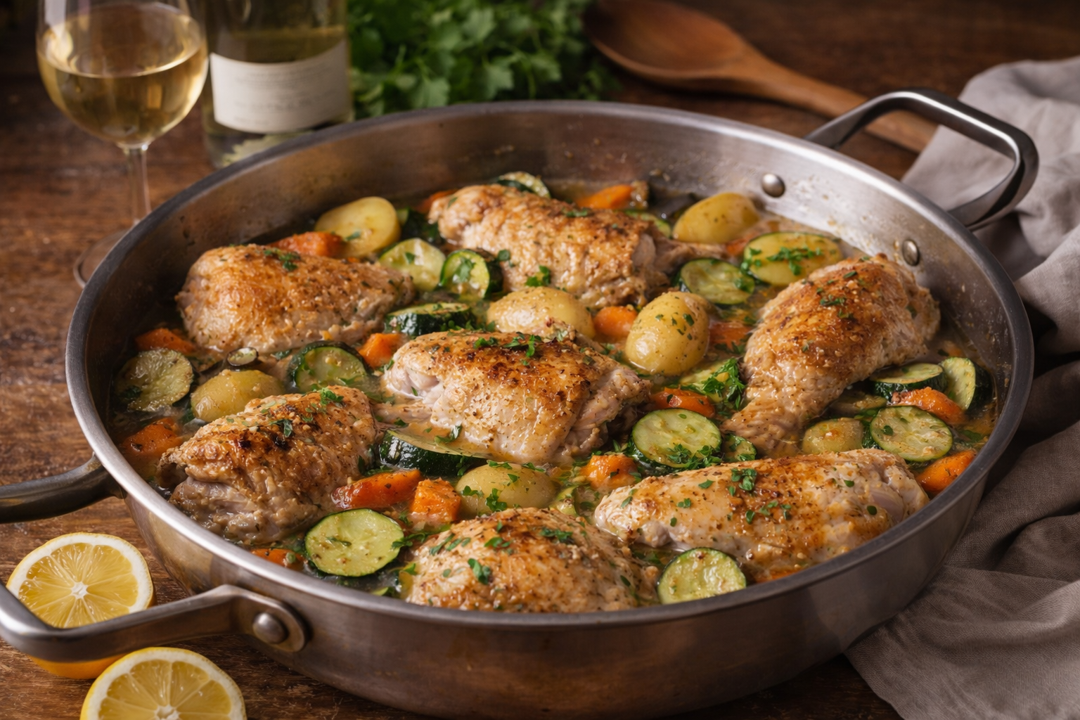 Pollo al vino blanco con verduras