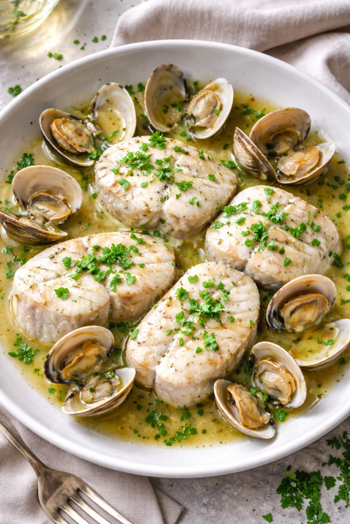 Merluza al vino blanco con almejas