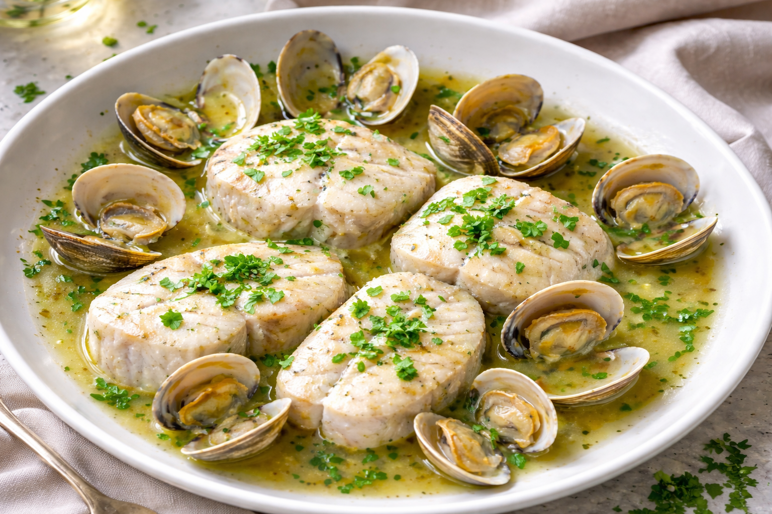 Merluza al vino blanco con almejas