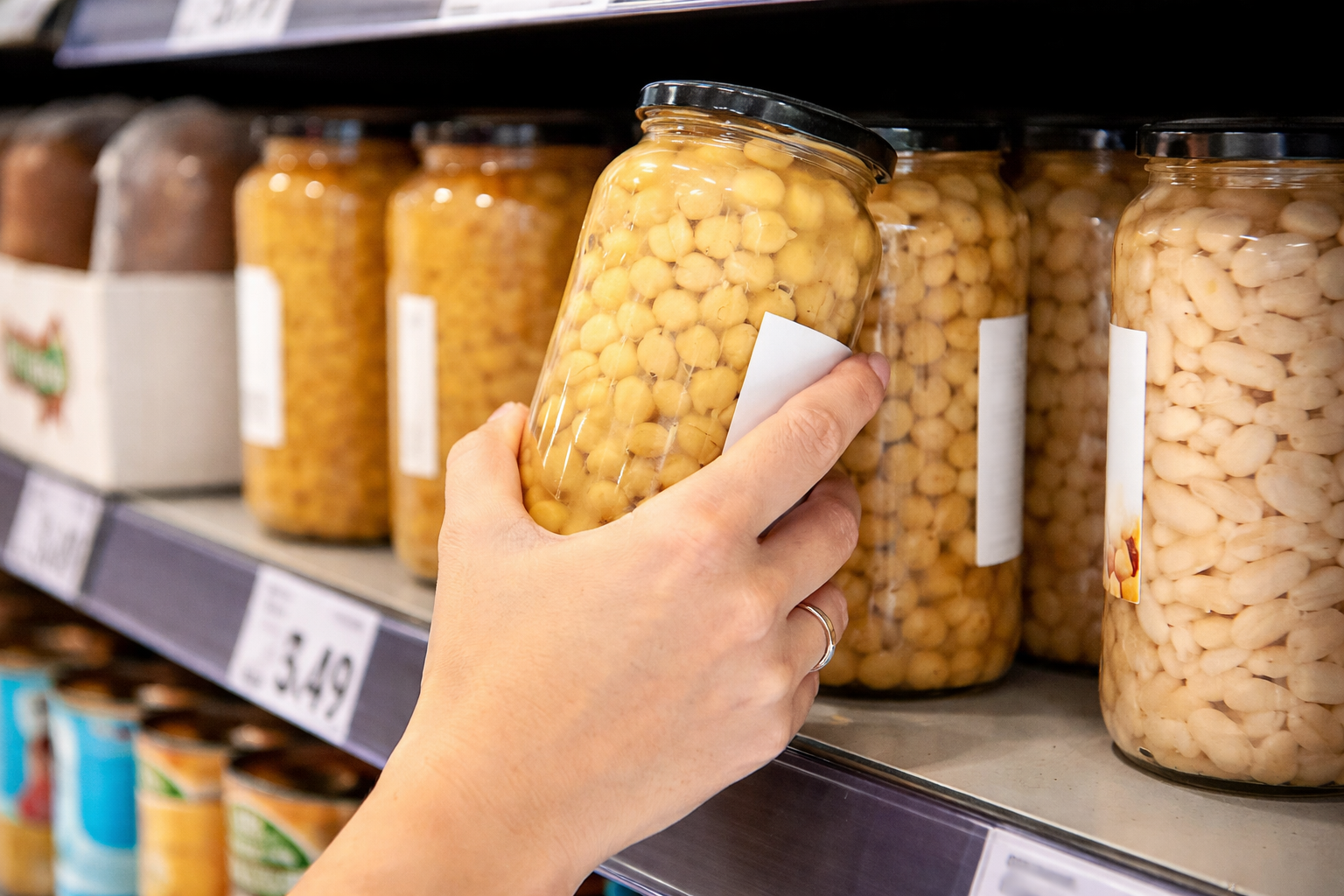 Roberto Sánchez, nutricionista, explica por qué recomienda consumir legumbres de bote: “Vamos a tener menos problemas digestivos” 1 Mano de un cliente cogiendo un bote de garbanzos en conserva de la estantería de un supermercado.